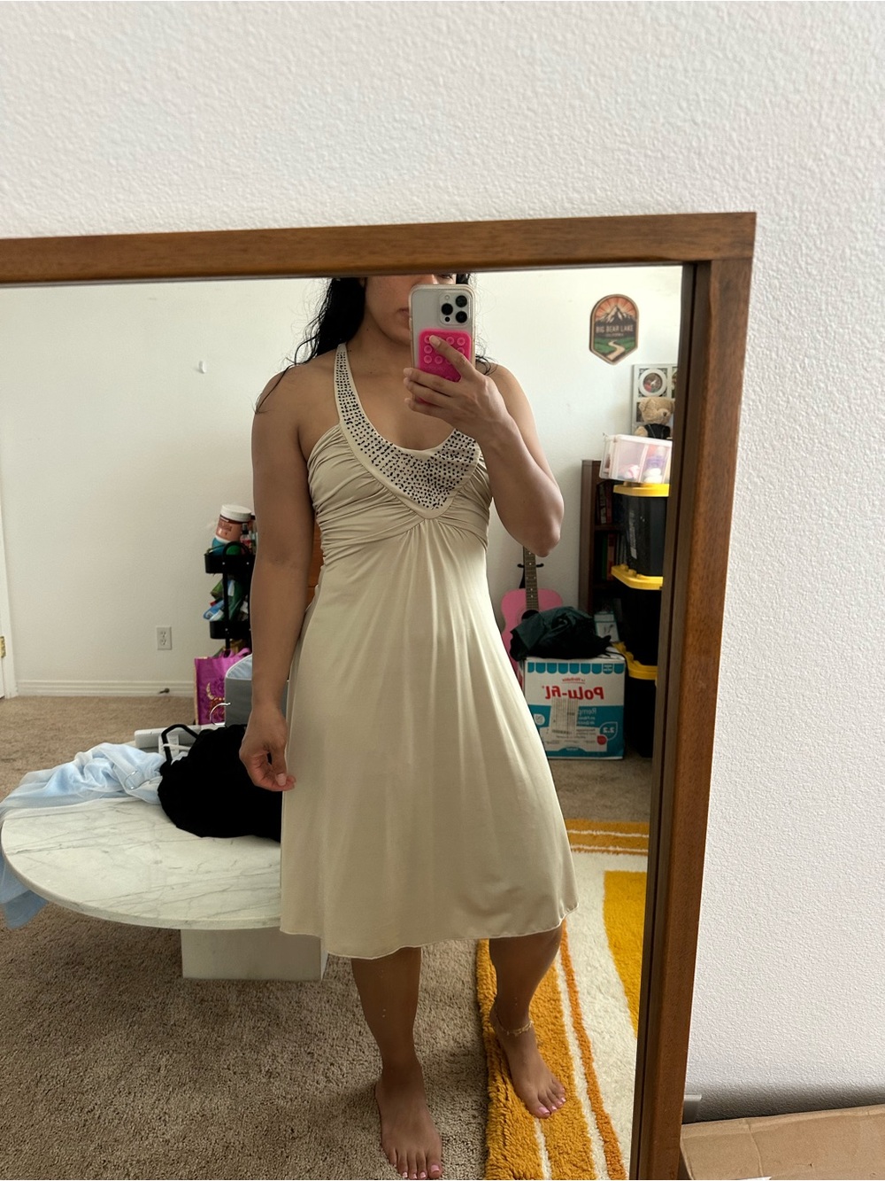 Y2K Timing Beige Halter Dress with Black Beaded V-Neck